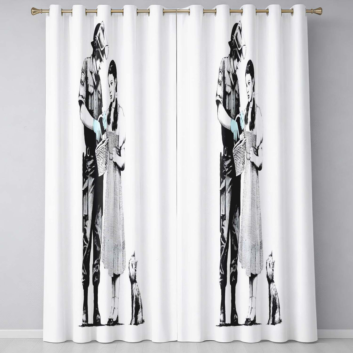 Officer Inspecting Storybook Woman and Small Dog Stencil Bold Wall Art Home Decor Readymade Eyelet Ring Top Thermal 100% Blackout Curtains