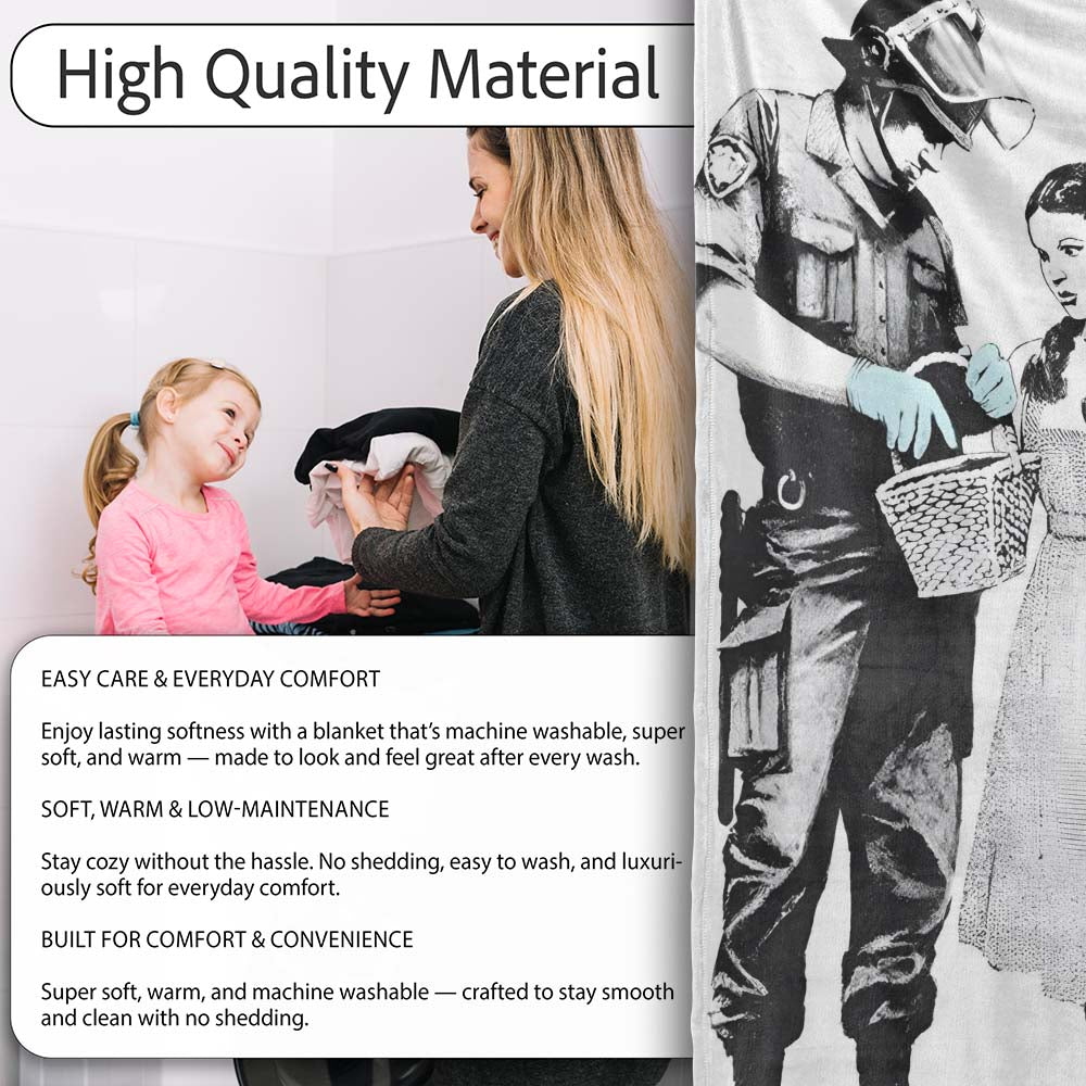 Officer Inspecting Storybook Woman and Small Dog Stencil, Artistic Comfortable Everyday Comfort - Super Soft Fleece Blanket Bed Sofa Throw