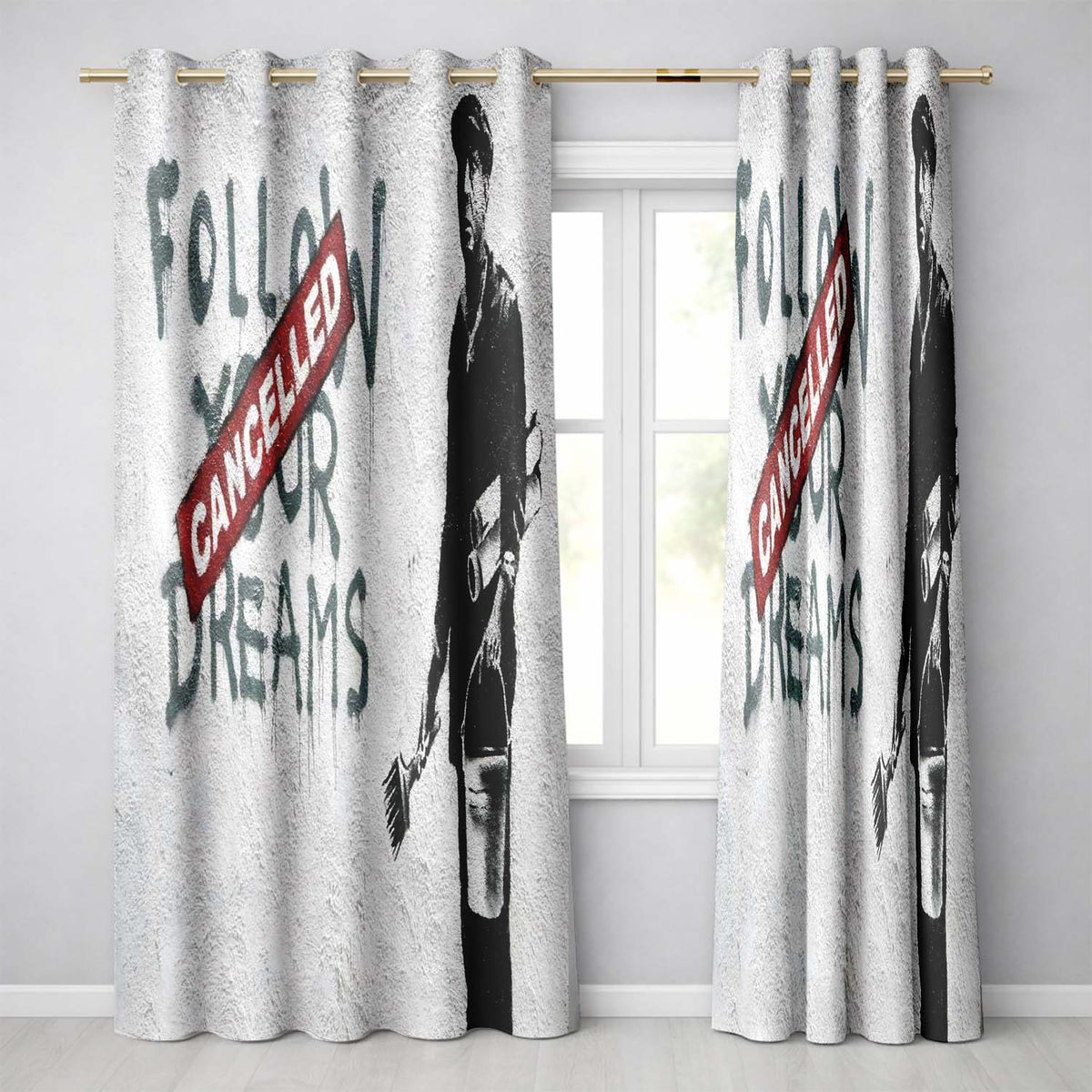 Cancelled Dreams Painter Monochrome Protest Stencil Stylish Design for Home Decor Readymade Eyelet Ring Top Thermal 100% Blackout Curtains