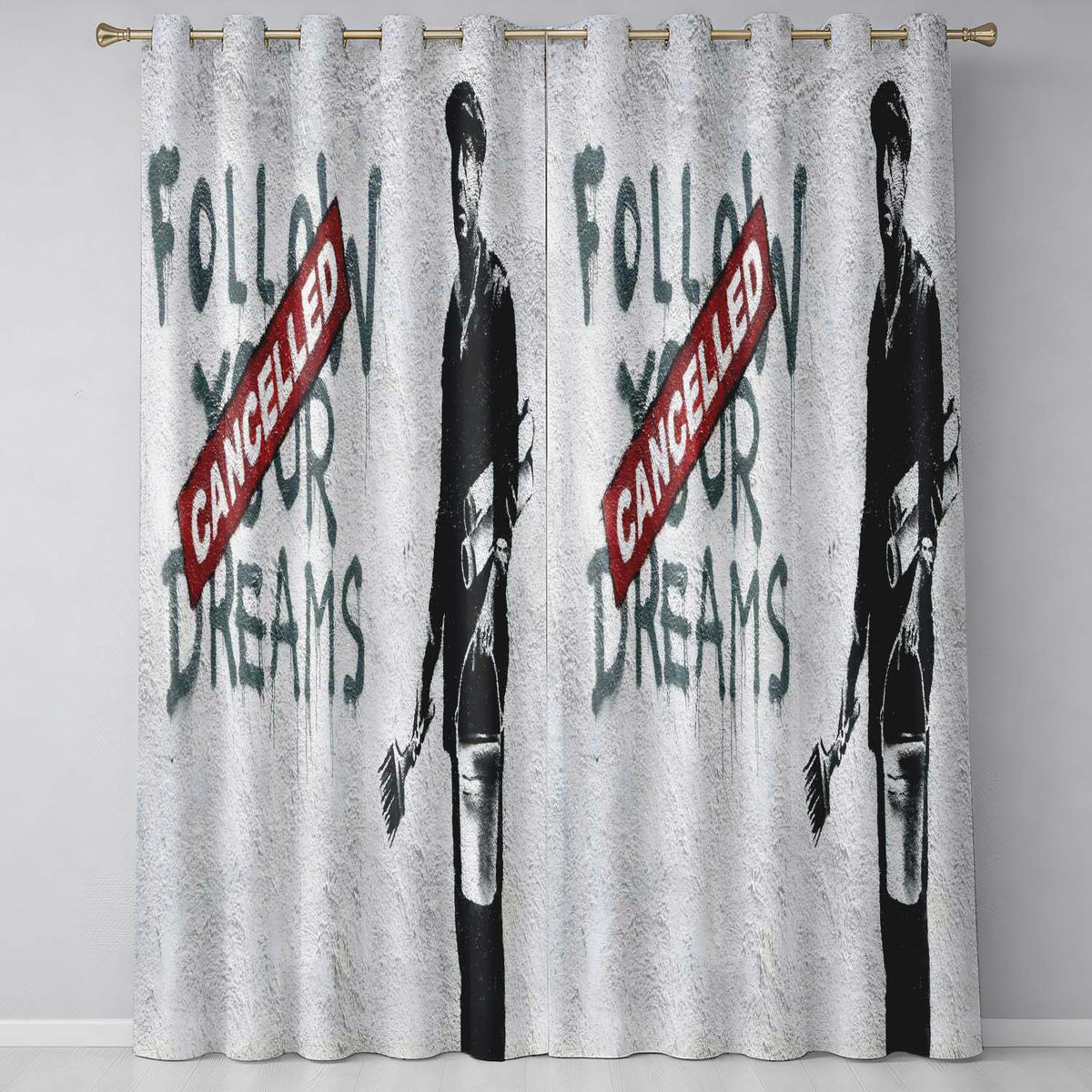 Cancelled Dreams Painter Monochrome Protest Stencil Stylish Design for Home Decor Readymade Eyelet Ring Top Thermal 100% Blackout Curtains