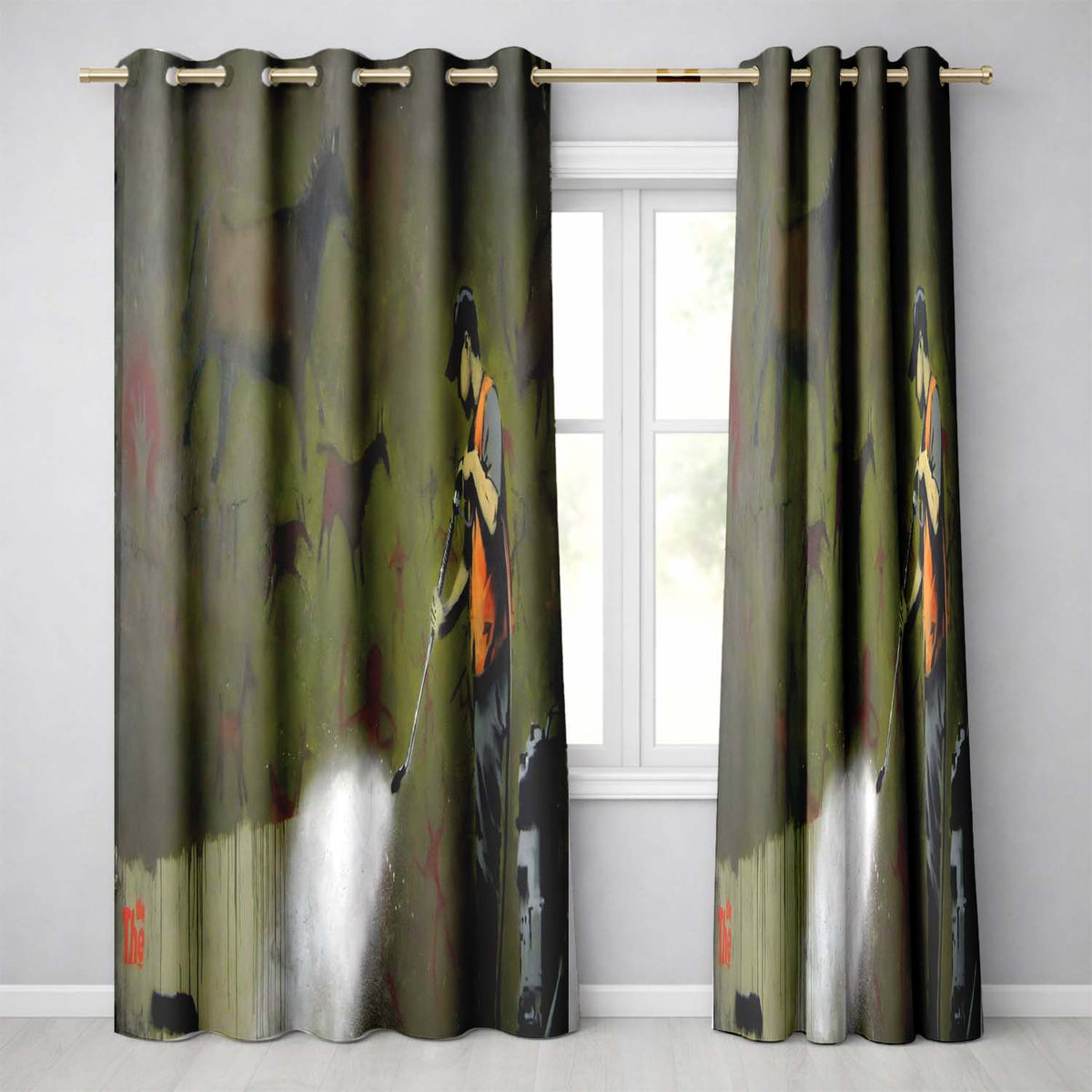 Worker Cleaning Ancient Cave Art Green Urban Mural Artistic Design for Home Decor Readymade Eyelet Ring Top Thermal 100% Blackout Curtains
