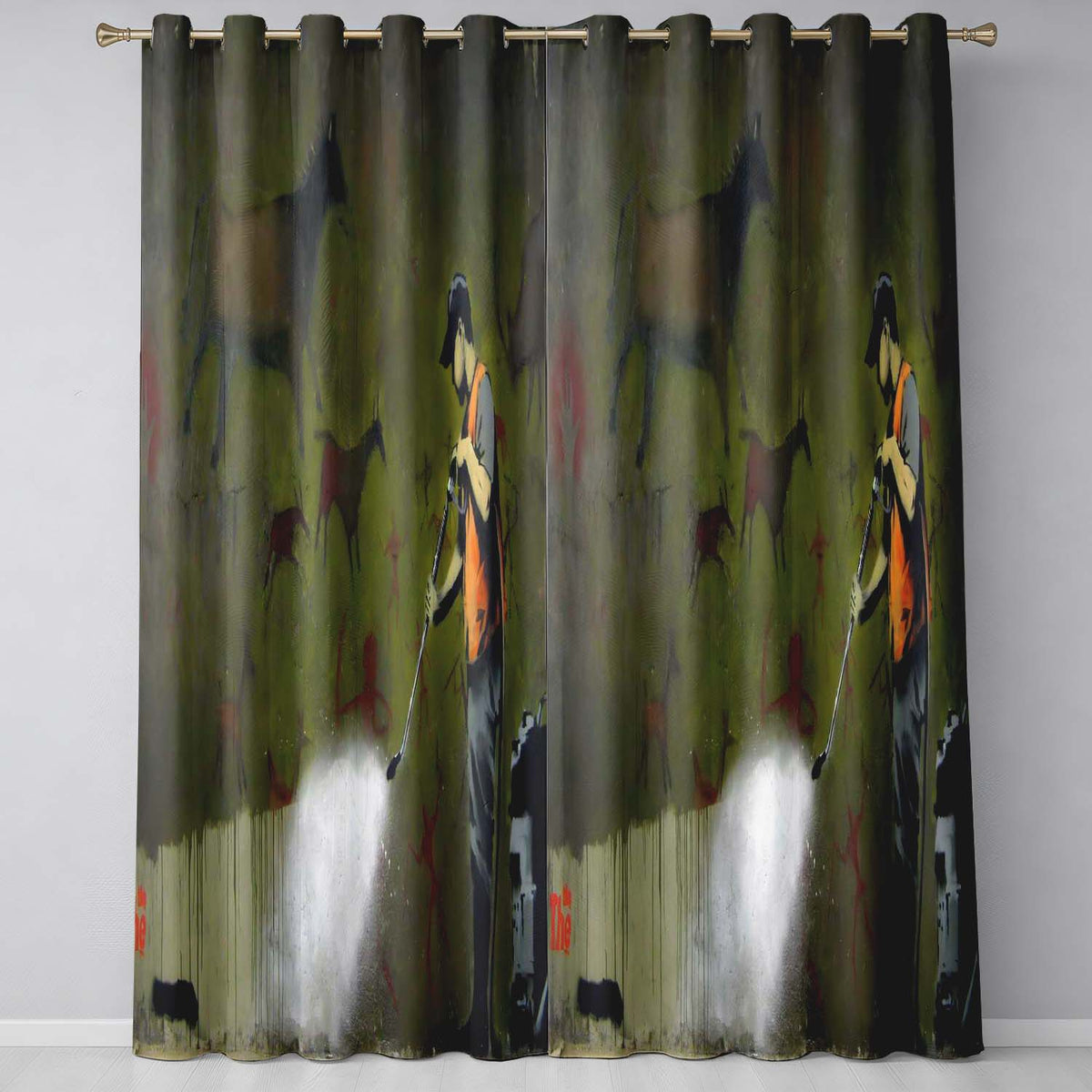 Worker Cleaning Ancient Cave Art Green Urban Mural Artistic Design for Home Decor Readymade Eyelet Ring Top Thermal 100% Blackout Curtains