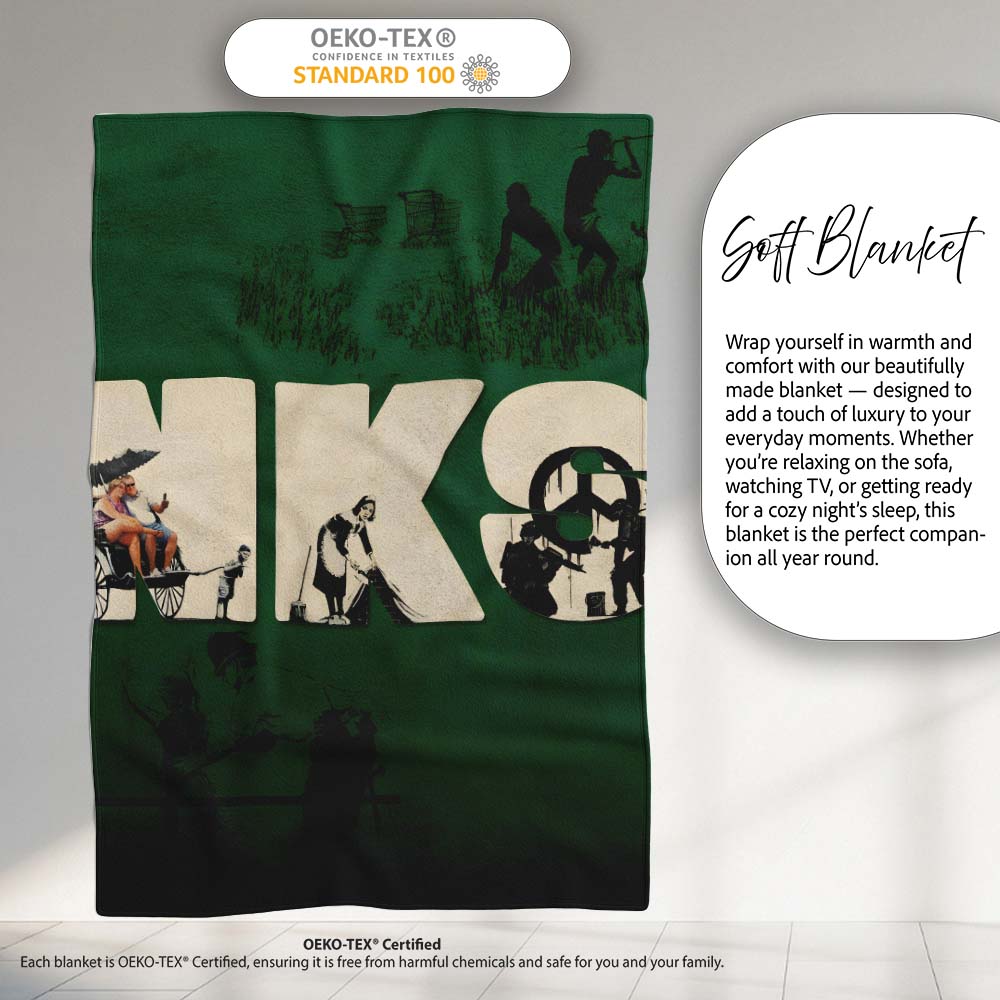 Dark Green Street Art Typography Collage Stencil, All Season Comfort, Gift for Adults and Teens - Super Soft Fleece Blanket Bed Sofa Throw
