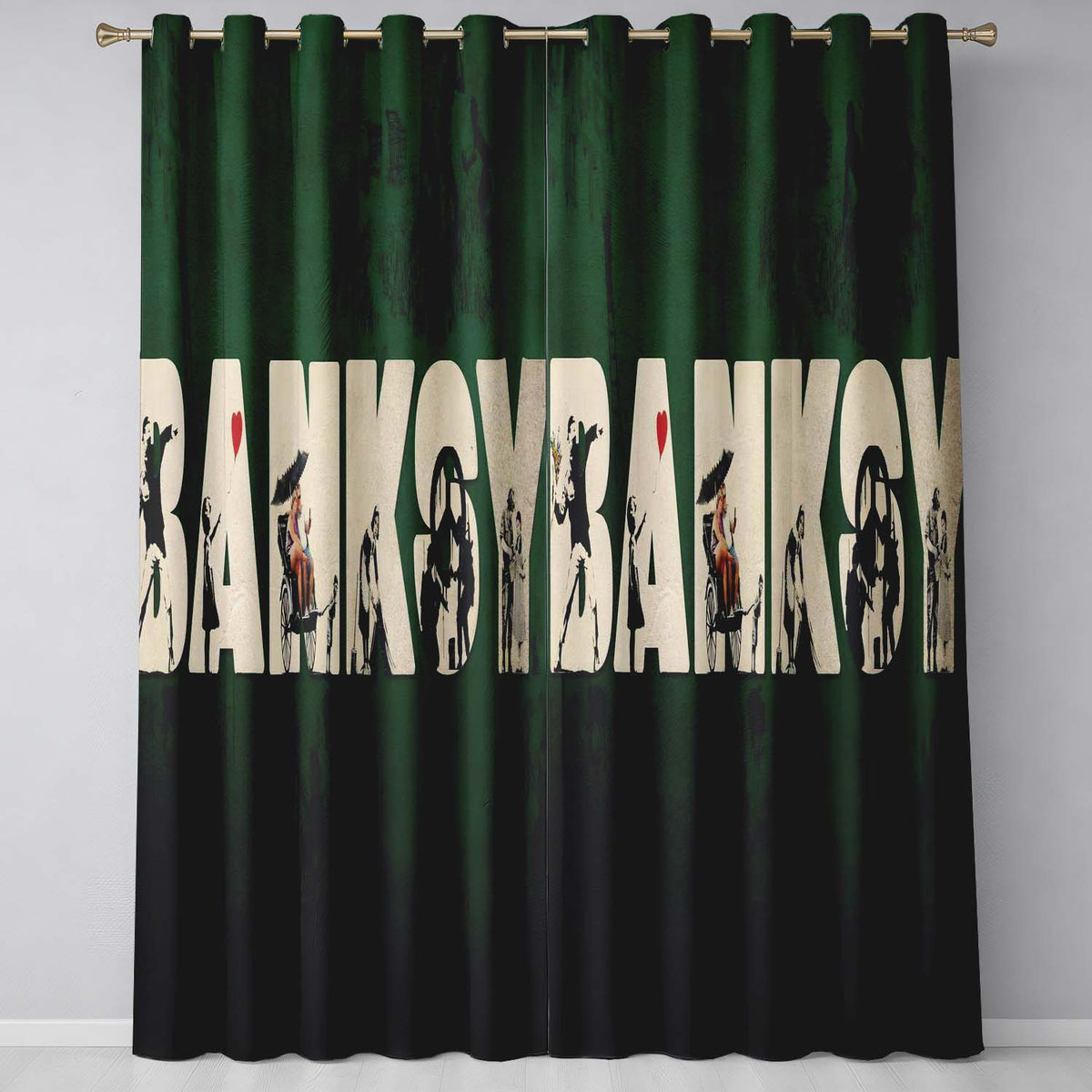 Dark Green Street Art Typography Collage Stencil Contemporary Wall Art Home Decor Readymade Eyelet Ring Top Thermal 100% Blackout Curtains
