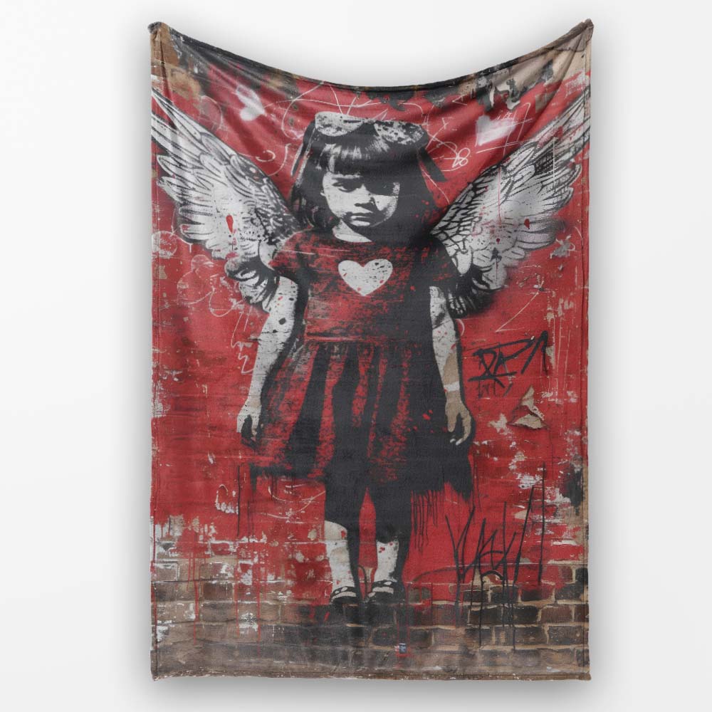 Red Winged Girl Heart Dress Urban Graffiti, Decorative Wall Art Style, Comfortable Everyday Use - Super Soft Fleece Blanket Bed Sofa Throw