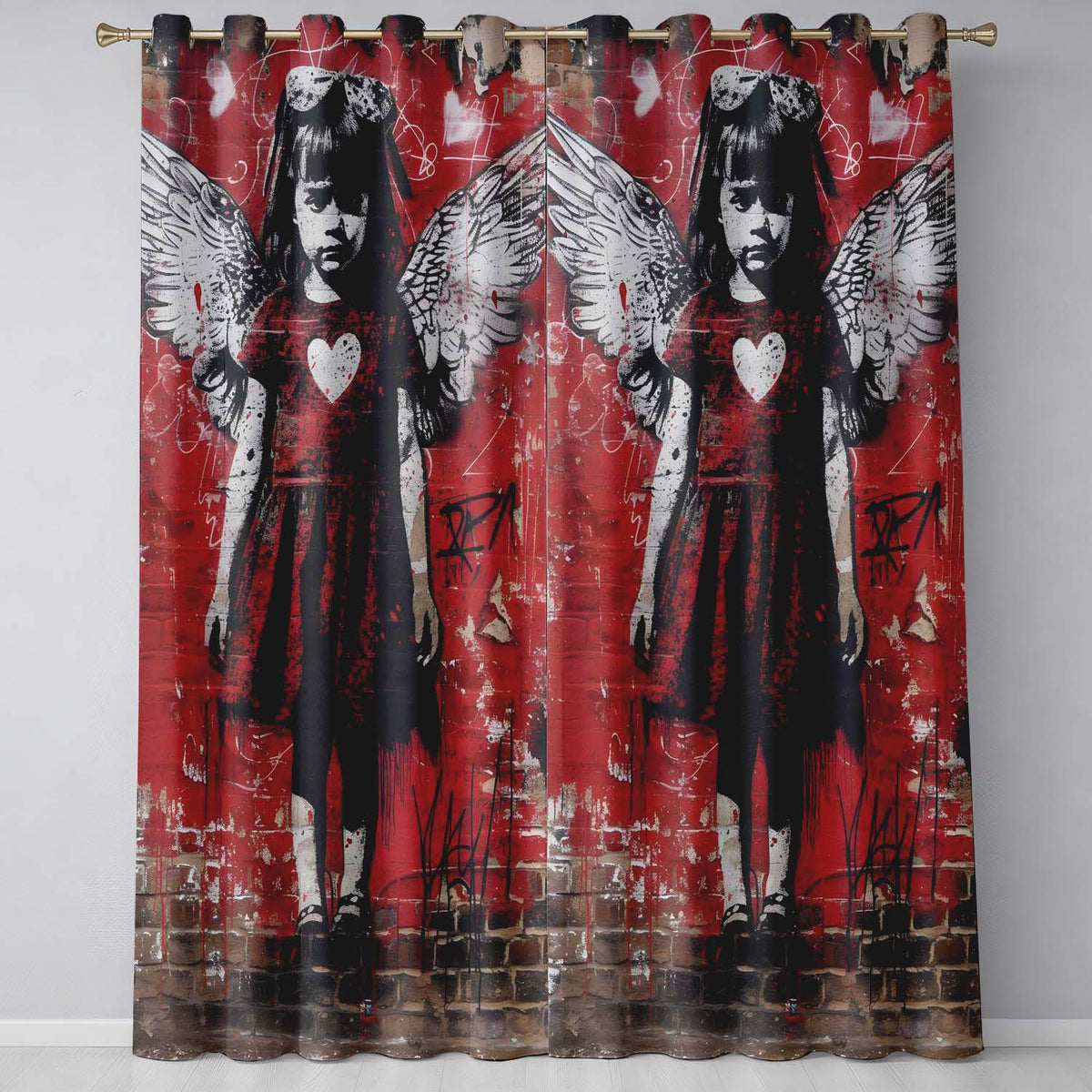 Red Winged Girl Heart Dress Urban Graffiti Timeless Modern Artwork for Home Decor Readymade Eyelet Ring Top Thermal 100% Blackout Curtains