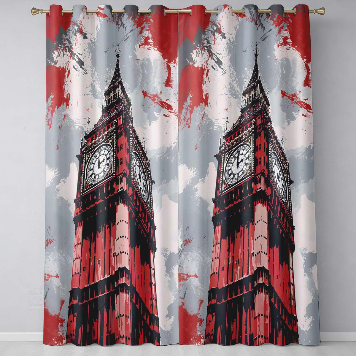 Red Black Clock Tower London Landmark Pop Art Elegant Bold Artwork for Home Decor Readymade Eyelet Ring Top Thermal 100% Blackout Curtains