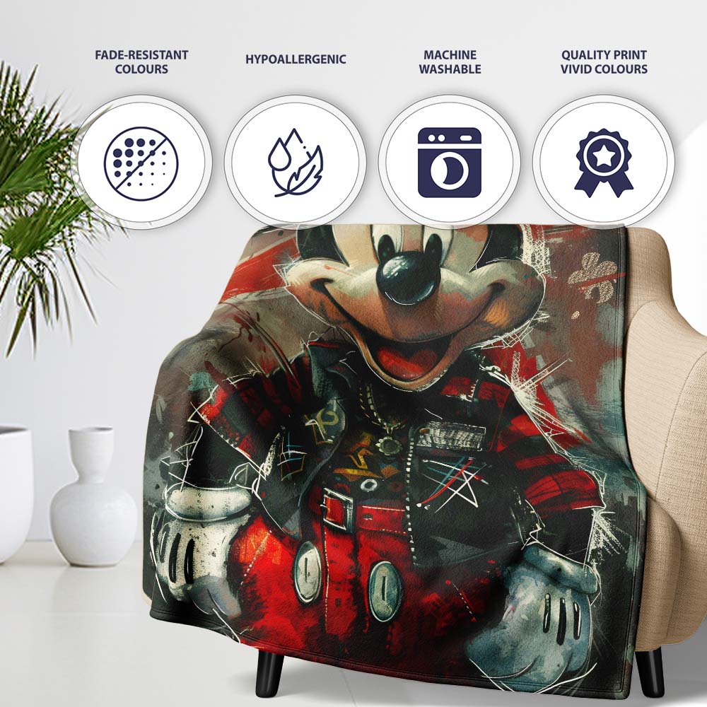 Punk Mouse Character Red Black Urban Graffiti, All Season Comfort, Thoughtful Housewarming Gift - Super Soft Fleece Blanket Bed Sofa Throw