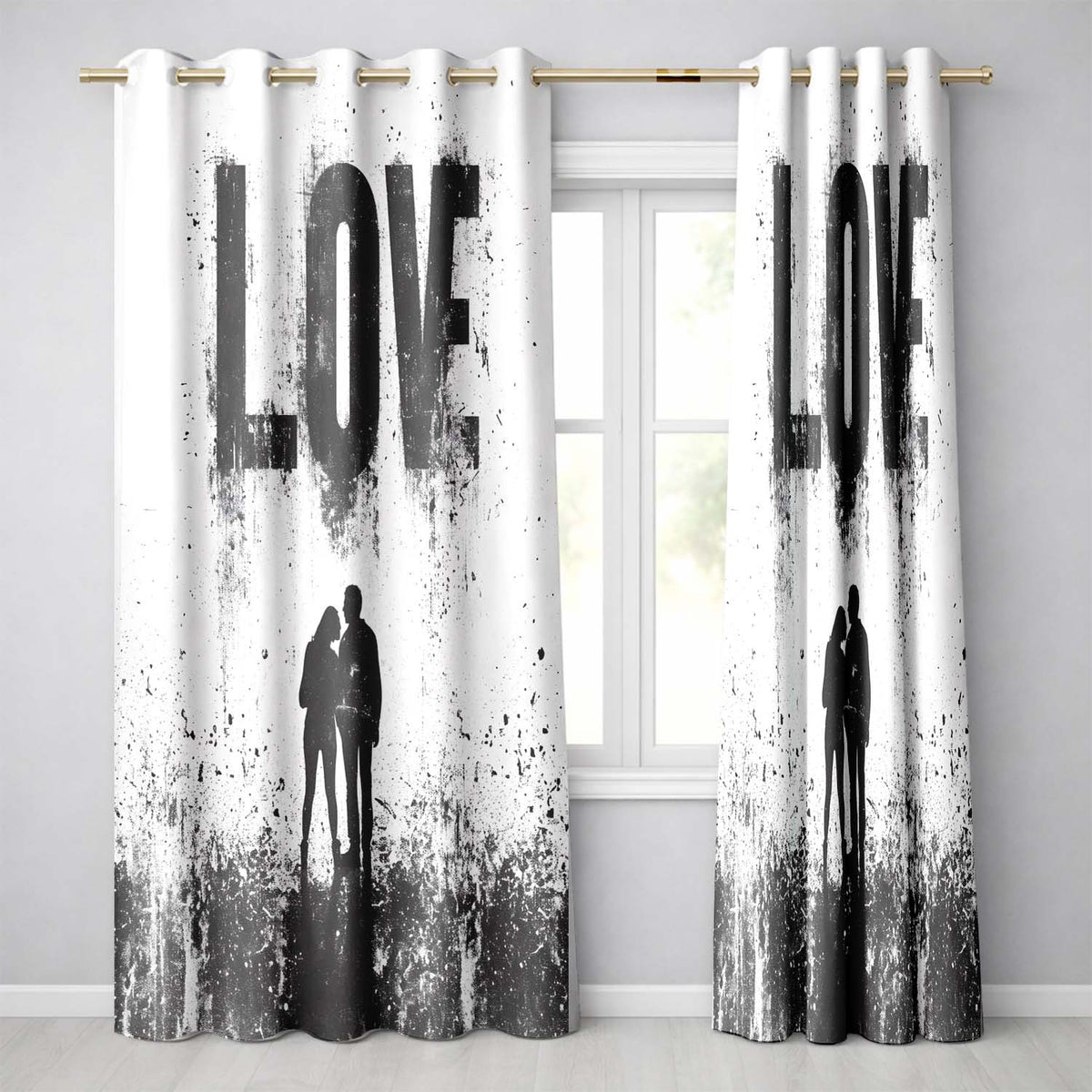 Black Love Typography Couple Silhouette Minimalist Expressive Wall Art Home Decor Readymade Eyelet Ring Top Thermal 100% Blackout Curtains