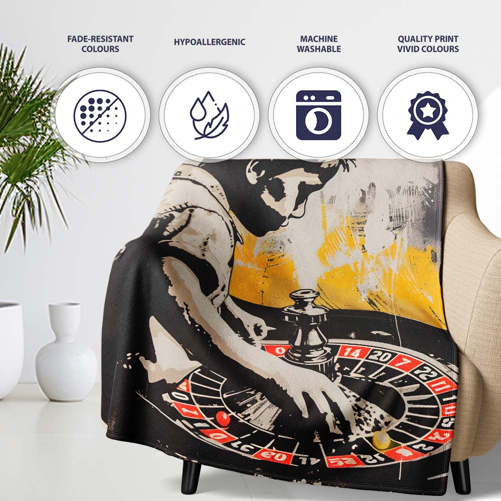 Young Boy Playing Roulette Beige Black Pop Art, Lightweight Warm Gift, Comfortable Everyday Use - Super Soft Fleece Blanket Bed Sofa Throw