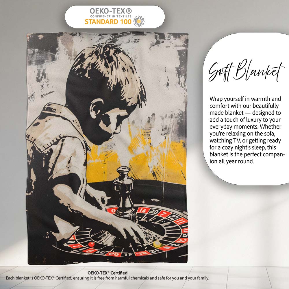 Young Boy Playing Roulette Beige Black Pop Art, Lightweight Warm Gift, Comfortable Everyday Use - Super Soft Fleece Blanket Bed Sofa Throw