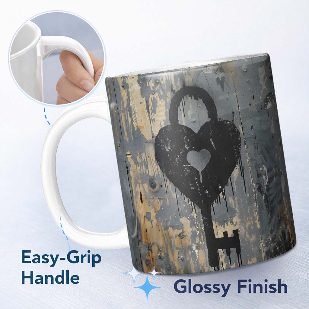 Black Heart Padlock and Key Industrial Graffiti 11oz Ceramic Coffee Tea Mug White Large Handle