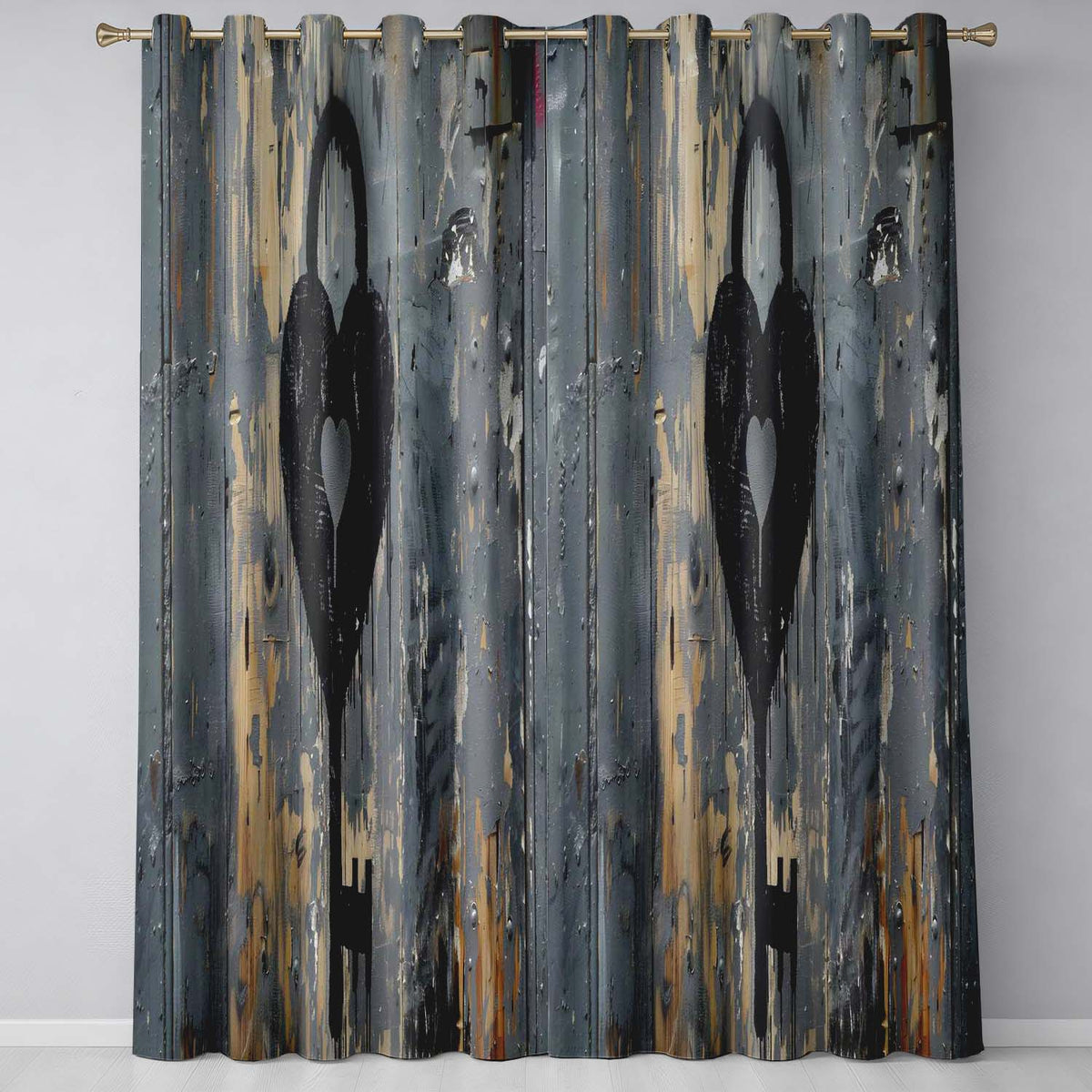 Black Heart Padlock and Key Industrial Graffiti Vibrant Artwork for Bedroom Decor Readymade Eyelet Ring Top Thermal 100% Blackout Curtains