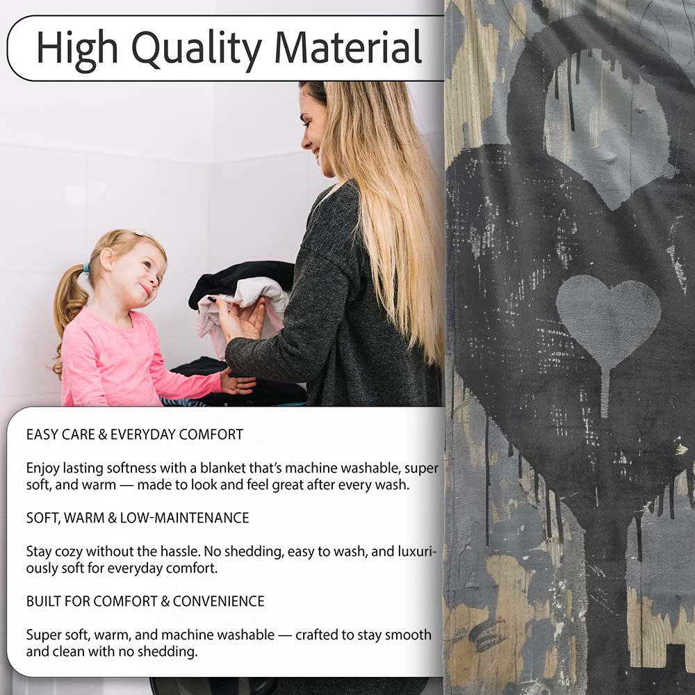 Black Heart Padlock and Key Industrial Graffiti, Bedroom Living Room Accent, All Season Comfort - Super Soft Fleece Blanket Bed Sofa Throw