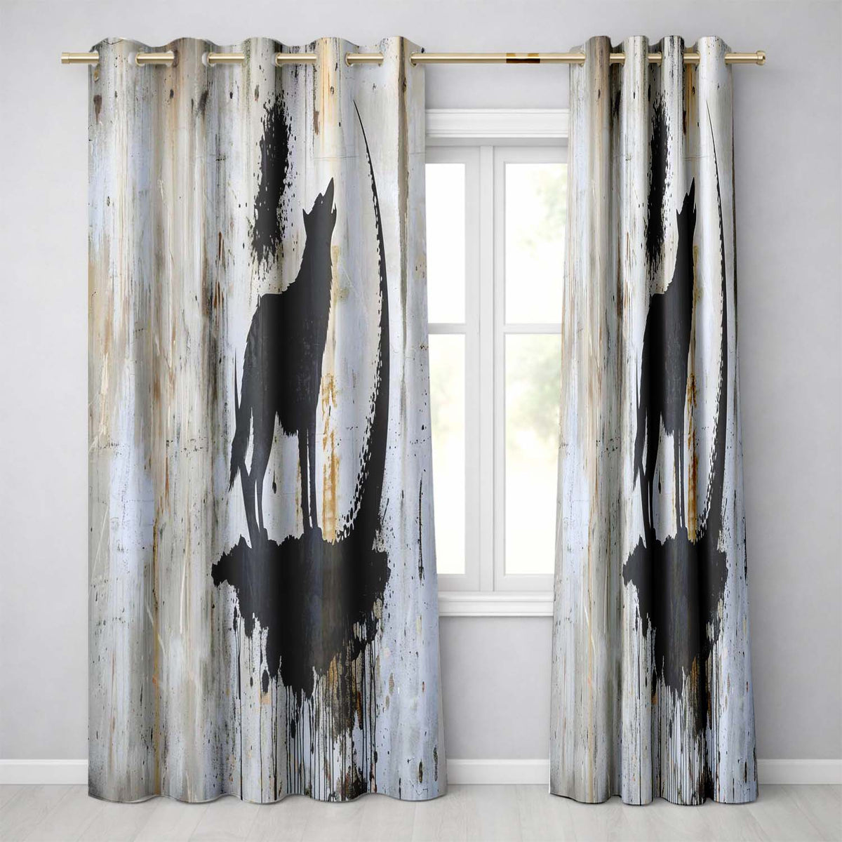Howling Wolf Crescent Moon Black Stencil Graffiti Distinctive Artistic Home Decor Readymade Eyelet Ring Top Thermal 100% Blackout Curtains
