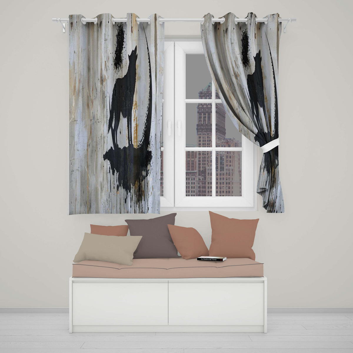 Howling Wolf Crescent Moon Black Stencil Graffiti Distinctive Artistic Home Decor Readymade Eyelet Ring Top Thermal 100% Blackout Curtains