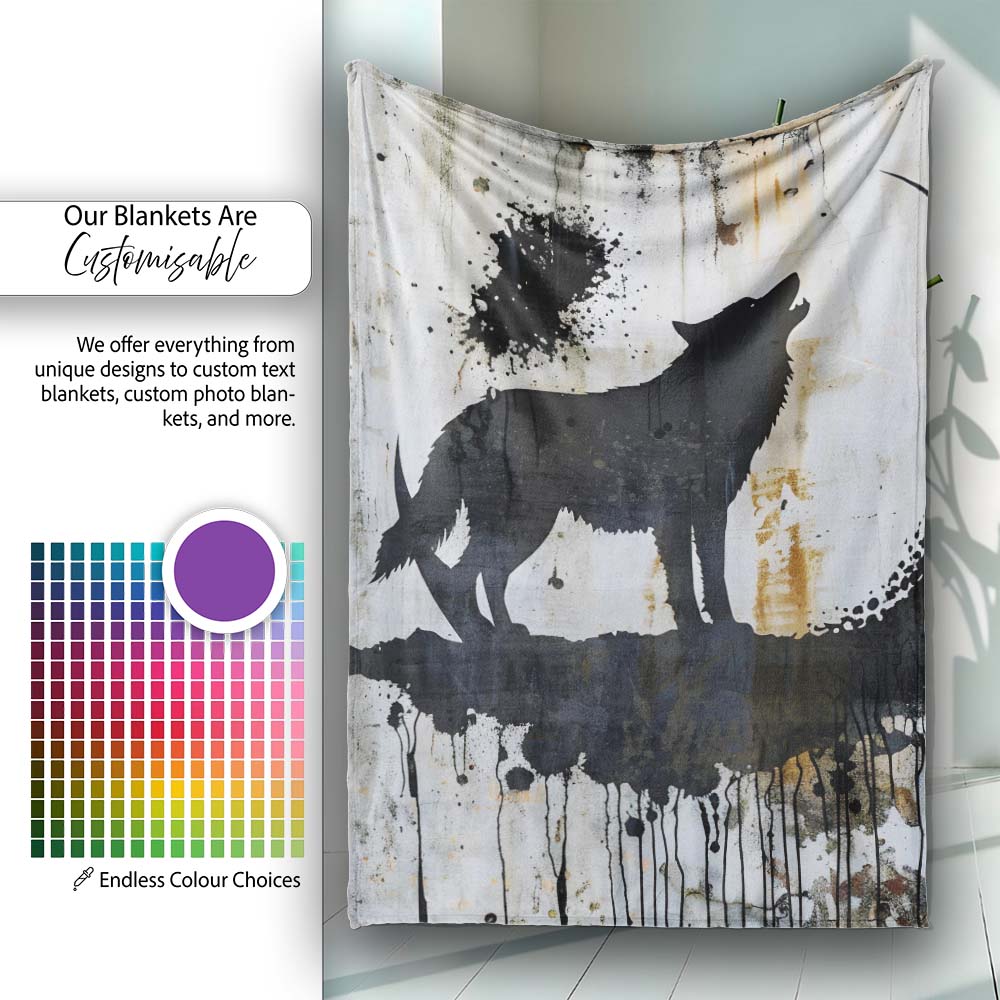Howling Wolf Crescent Moon Black Stencil Graffiti, All Season Comfort, Comfortable Everyday Use - Super Soft Fleece Blanket Bed Sofa Throw
