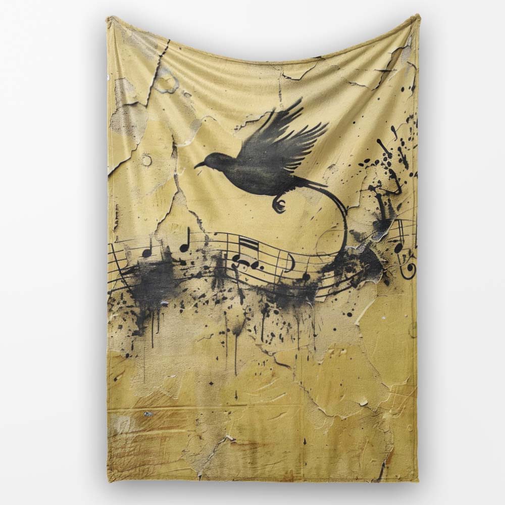 Black Bird Musical Notes Yellow Distressed Wall Art, All Season Comfort, Modern Interior Accent - Super Soft Fleece Blanket Bed Sofa Throw