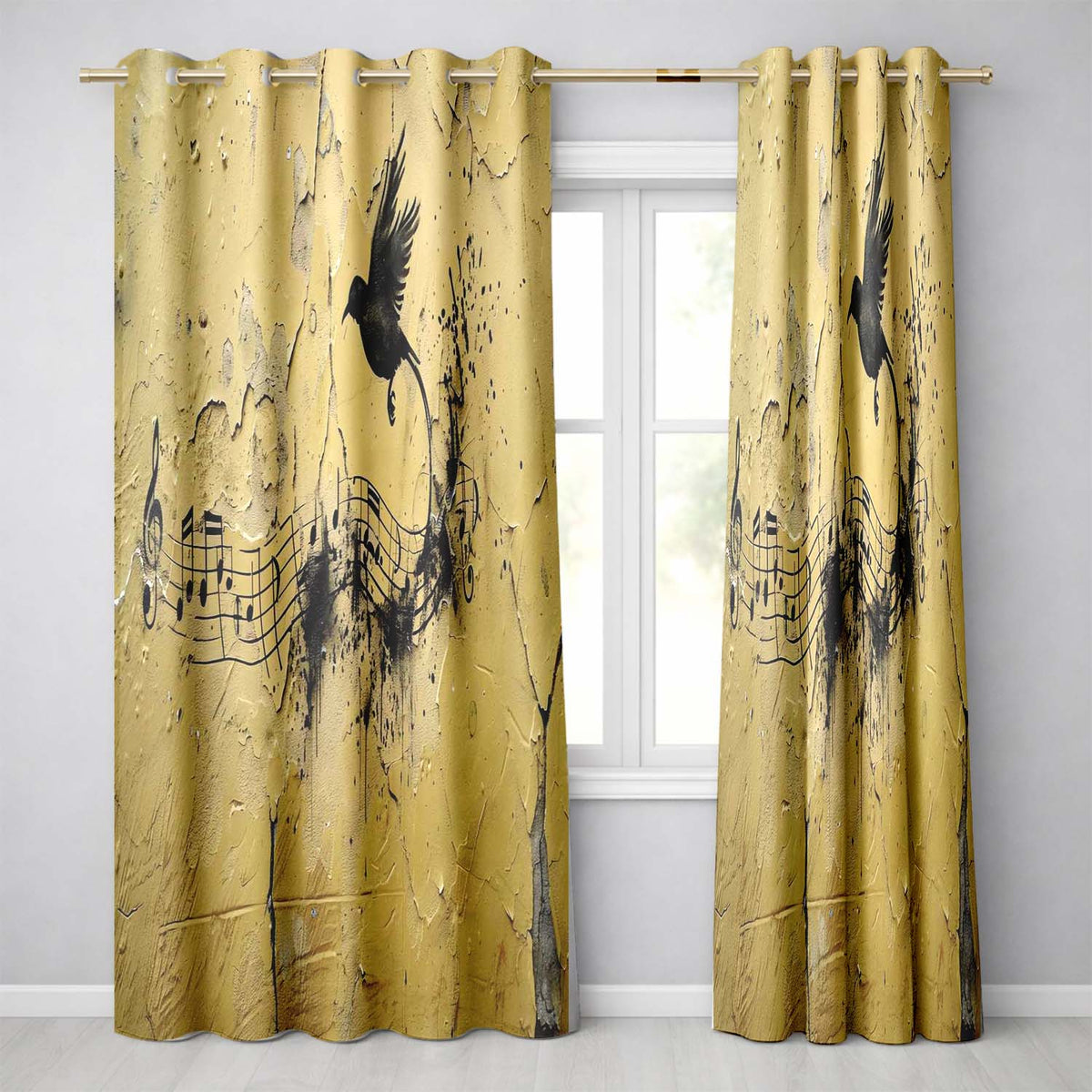 Black Bird Musical Notes Yellow Distressed Wall Art Vibrant Design for Home Decor Readymade Eyelet Ring Top Thermal 100% Blackout Curtains