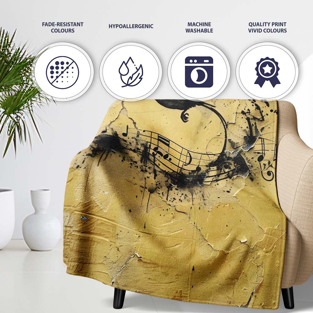 Black Bird Musical Notes Yellow Distressed Wall Art, All Season Comfort, Modern Interior Accent - Super Soft Fleece Blanket Bed Sofa Throw