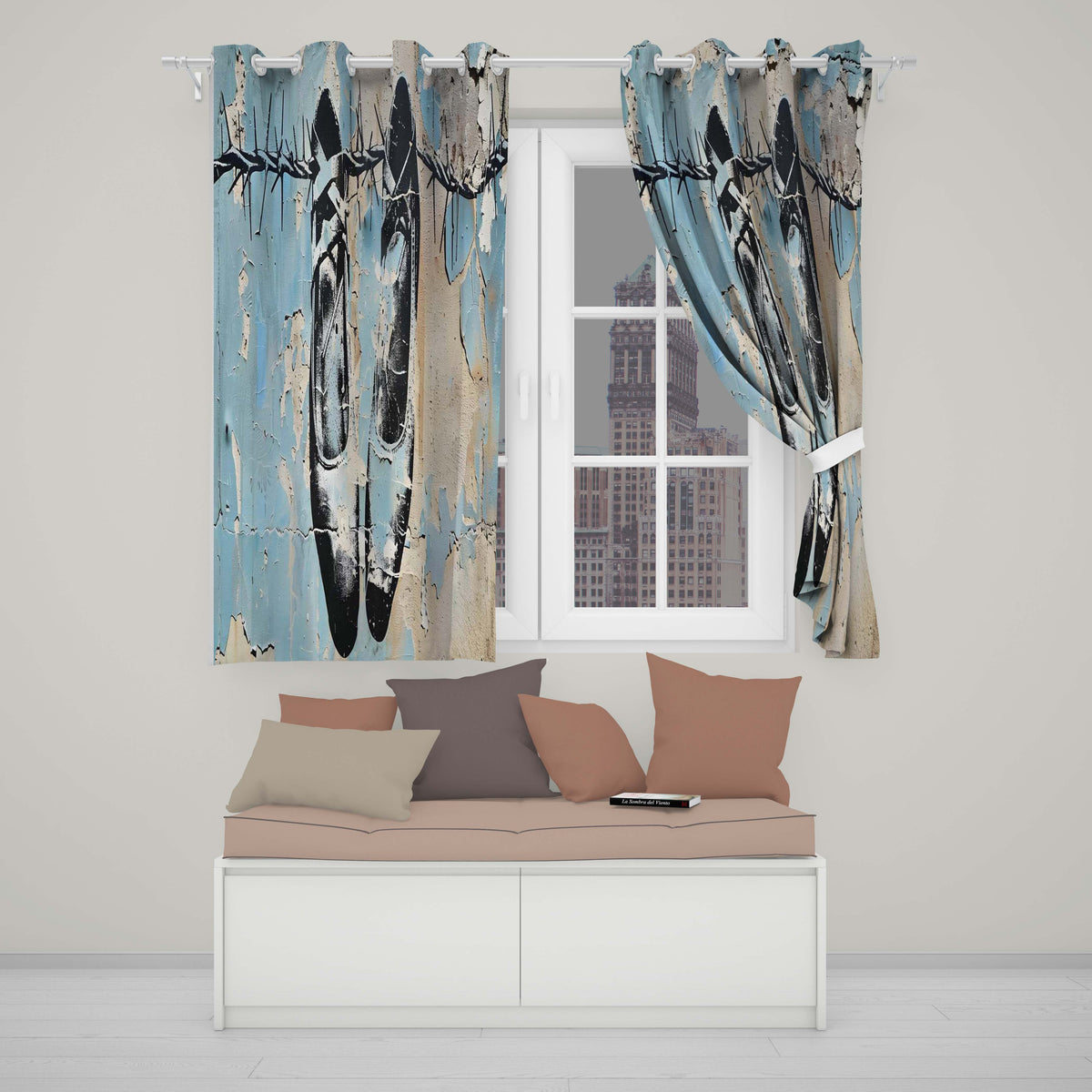 Hanging Boxing Gloves Barbed Wire Blue Urban Graffiti Vibrant Wall Art Home Decor Readymade Eyelet Ring Top Thermal 100% Blackout Curtains