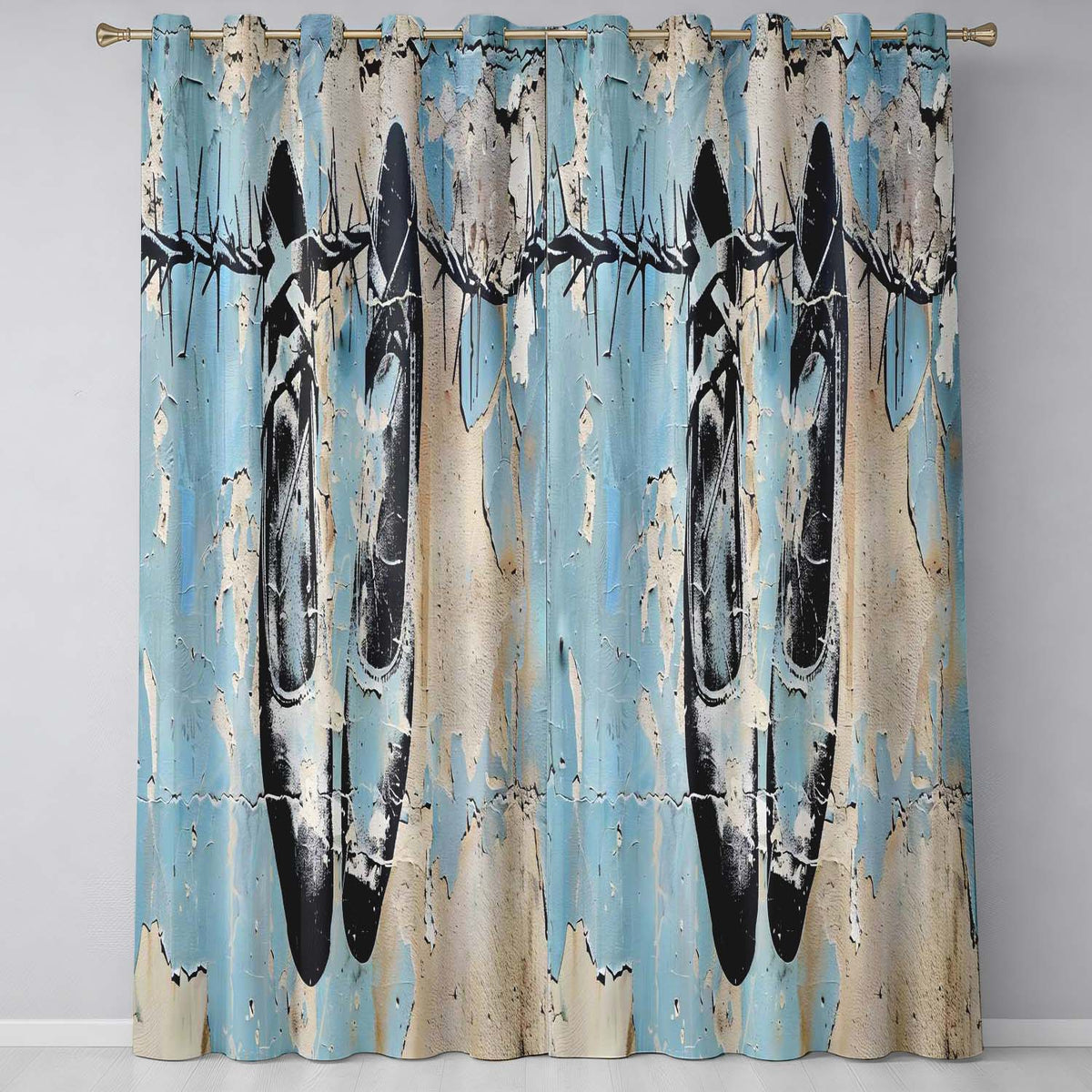 Hanging Boxing Gloves Barbed Wire Blue Urban Graffiti Vibrant Wall Art Home Decor Readymade Eyelet Ring Top Thermal 100% Blackout Curtains