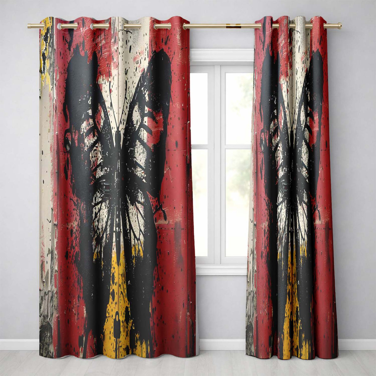 Black Butterfly Red Yellow Urban Graffiti Design Modern Artwork for Bedroom Decor Readymade Eyelet Ring Top Thermal 100% Blackout Curtains