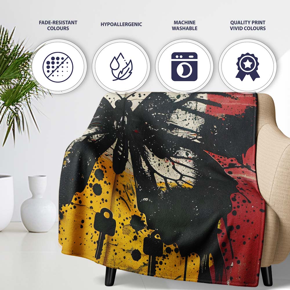 Black Butterfly Red Yellow Urban Graffiti Design, All Season Comfort, Decorative Wall Art Style - Super Soft Fleece Blanket Bed Sofa Throw