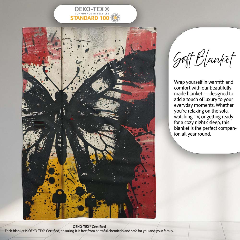 Black Butterfly Red Yellow Urban Graffiti Design, All Season Comfort, Decorative Wall Art Style - Super Soft Fleece Blanket Bed Sofa Throw