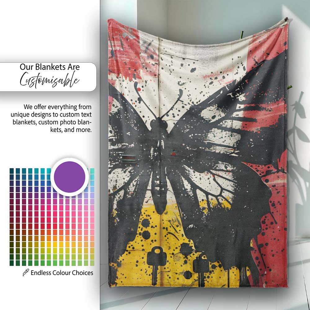 Black Butterfly Red Yellow Urban Graffiti Design, All Season Comfort, Decorative Wall Art Style - Super Soft Fleece Blanket Bed Sofa Throw