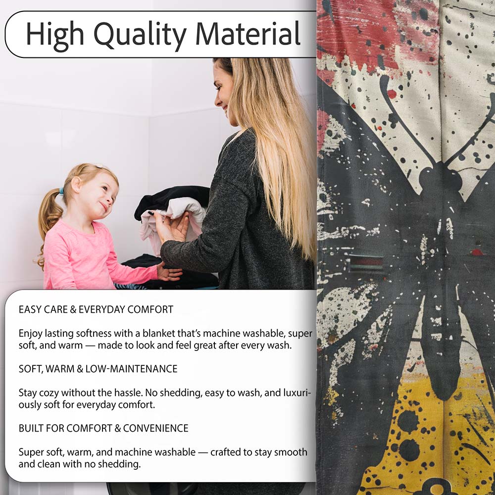 Black Butterfly Red Yellow Urban Graffiti Design, All Season Comfort, Decorative Wall Art Style - Super Soft Fleece Blanket Bed Sofa Throw