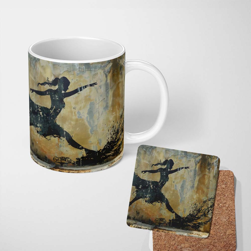 Dancing Ballerina Black Silhouette Gold Abstract 11oz Ceramic Coffee Tea Mug White Large Handle