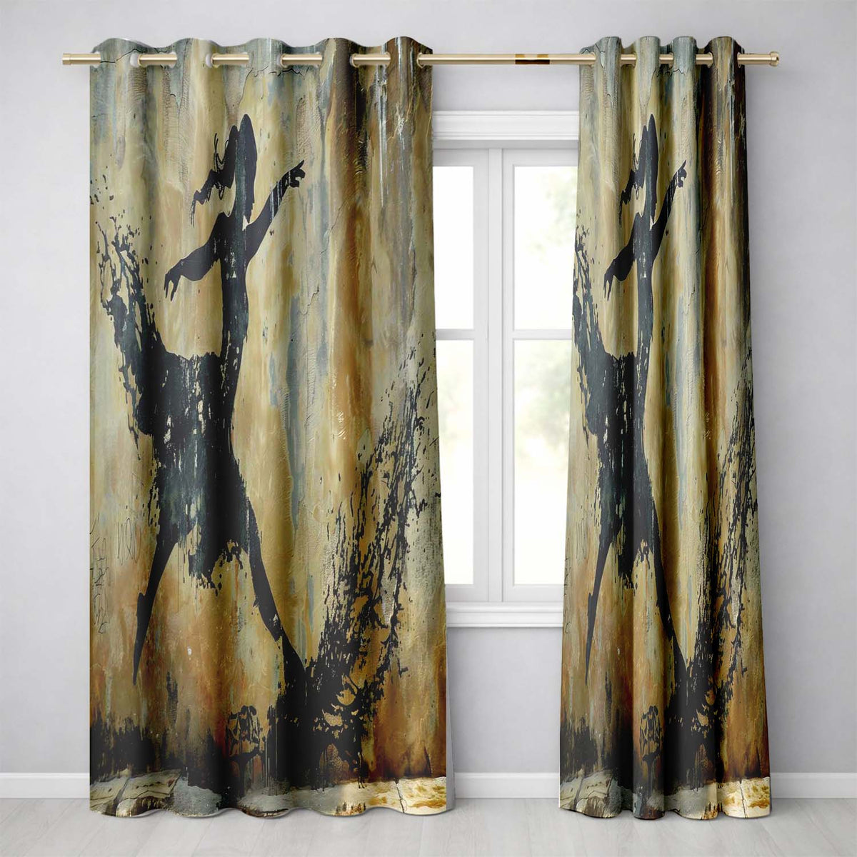 Dancing Ballerina Black Silhouette Gold Abstract Expressive Design for Home Decor Readymade Eyelet Ring Top Thermal 100% Blackout Curtains