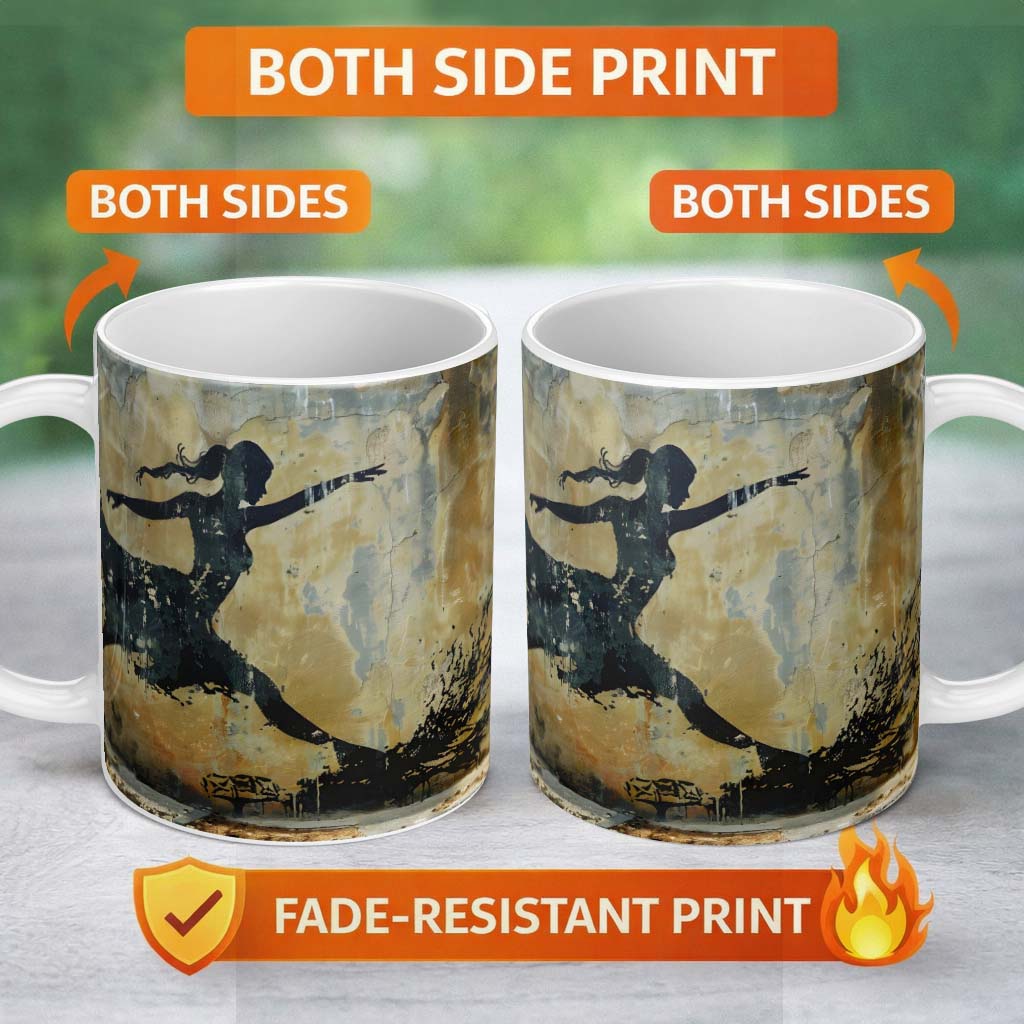 Dancing Ballerina Black Silhouette Gold Abstract 11oz Ceramic Coffee Tea Mug White Large Handle