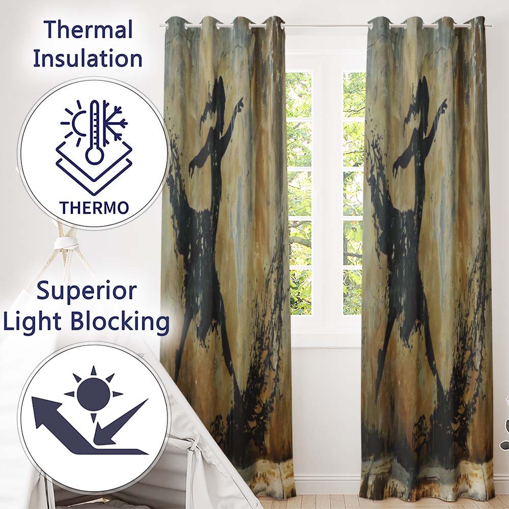 Dancing Ballerina Black Silhouette Gold Abstract Expressive Design for Home Decor Readymade Eyelet Ring Top Thermal 100% Blackout Curtains