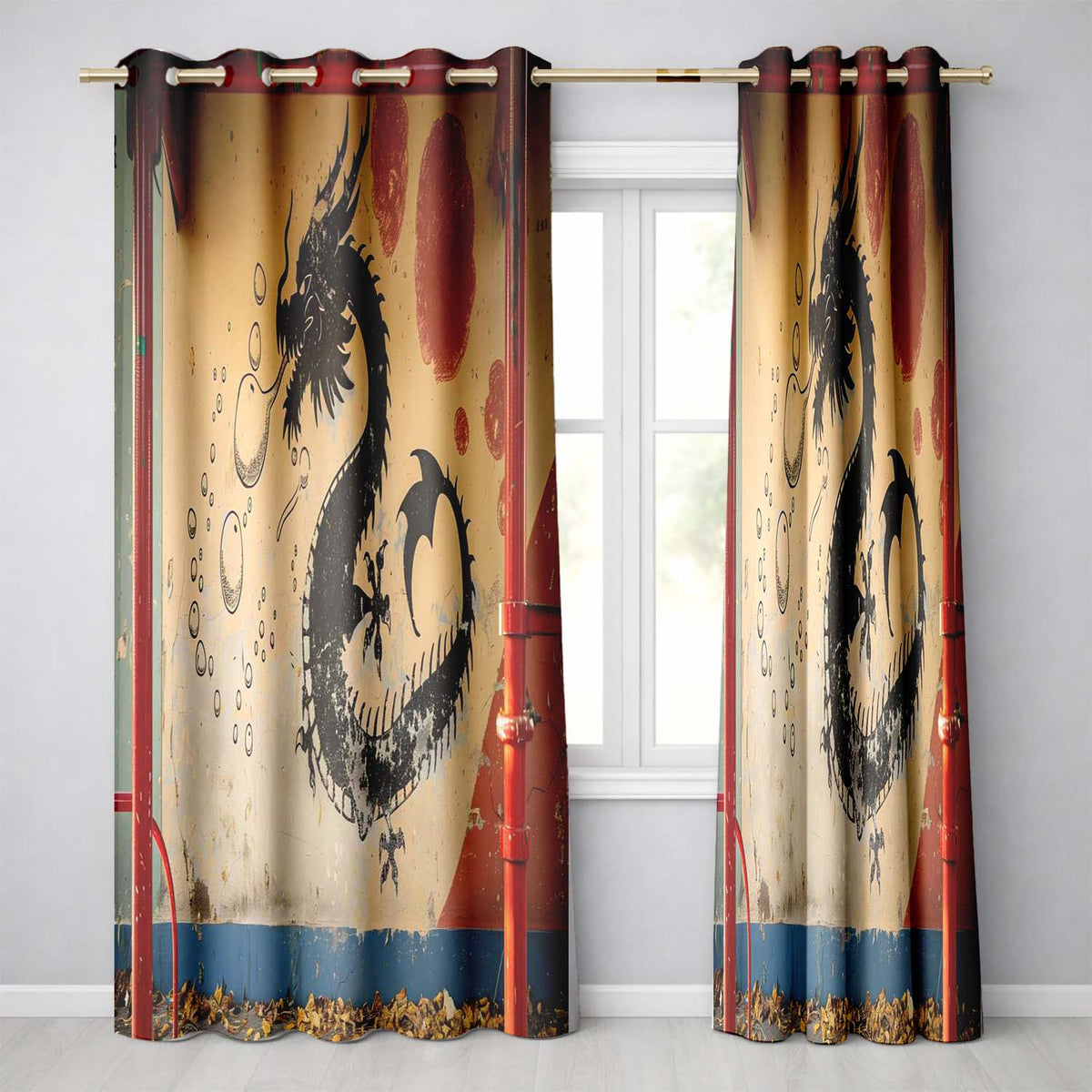 Black Dragon Red Sun Oriental Graffiti Artwork Contemporary Design for Home Decor Readymade Eyelet Ring Top Thermal 100% Blackout Curtains