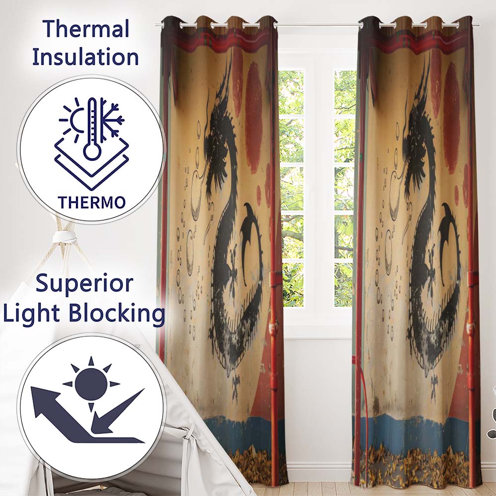 Black Dragon Red Sun Oriental Graffiti Artwork Contemporary Design for Home Decor Readymade Eyelet Ring Top Thermal 100% Blackout Curtains