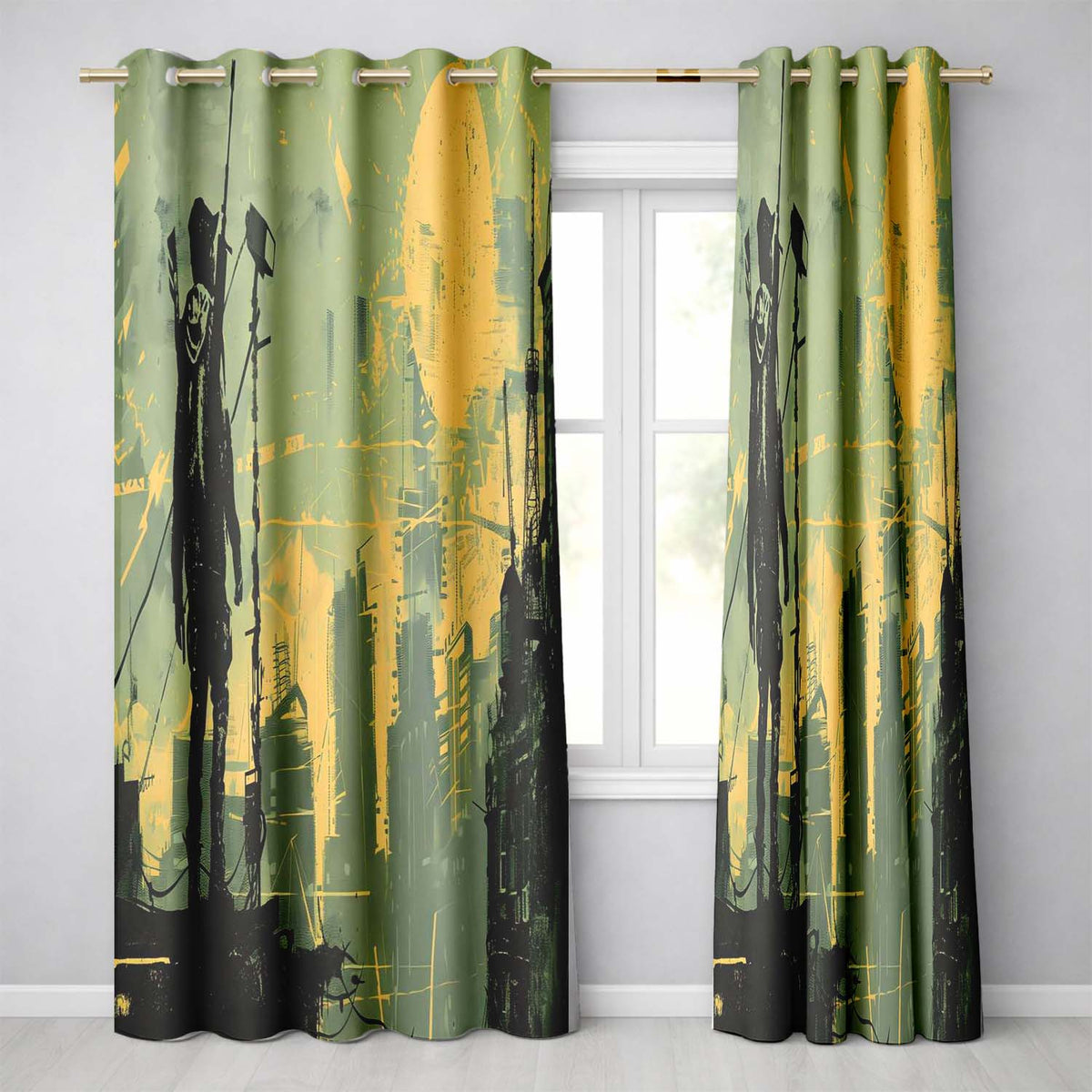 Urban Soldier Silhouette Green Yellow City Skyline Timeless Design for Home Decor Readymade Eyelet Ring Top Thermal 100% Blackout Curtains