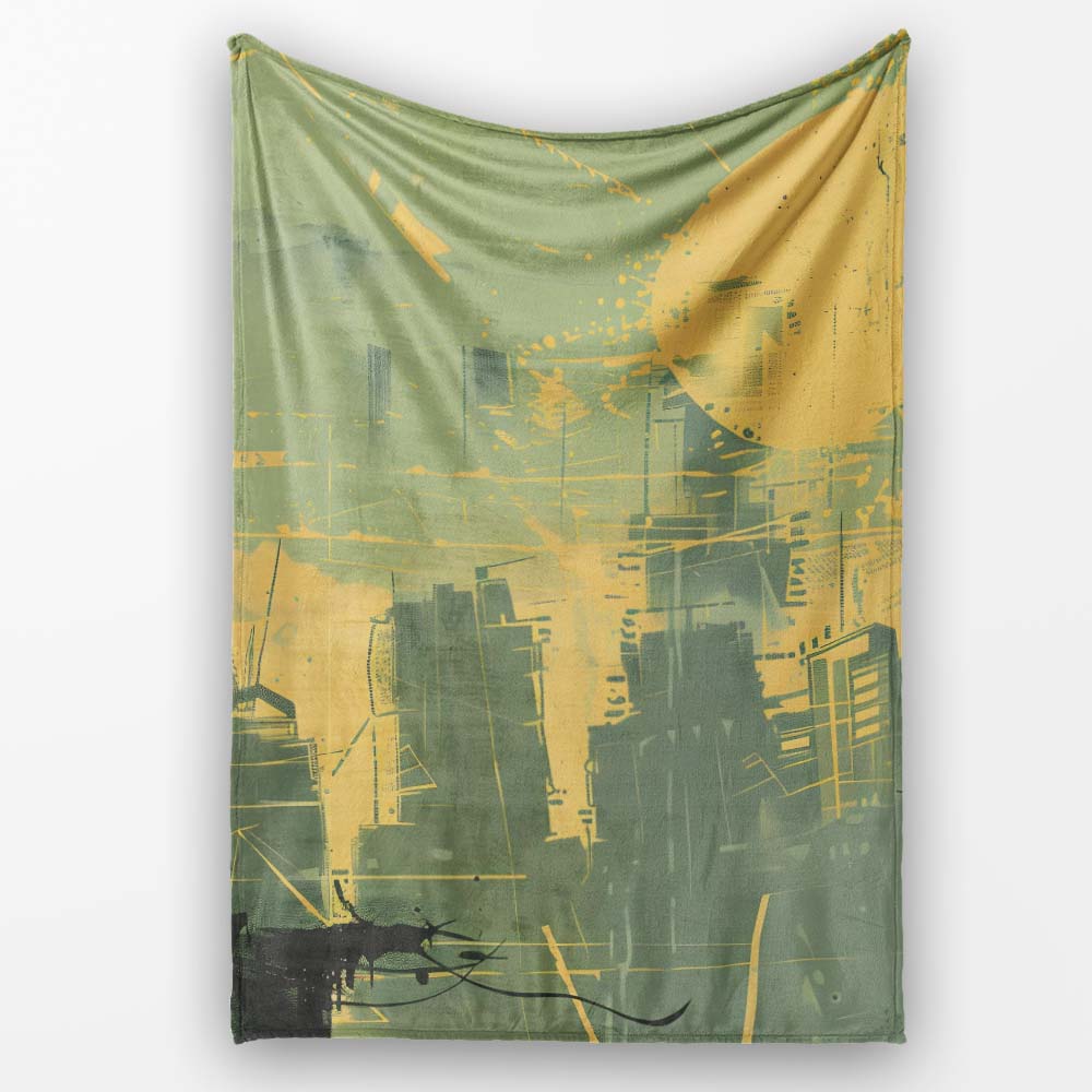 Urban Soldier Silhouette Green Yellow City Skyline, All Season Comfort, Stylish Room Decoration - Super Soft Fleece Blanket Bed Sofa Throw
