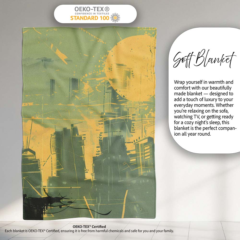 Urban Soldier Silhouette Green Yellow City Skyline, All Season Comfort, Stylish Room Decoration - Super Soft Fleece Blanket Bed Sofa Throw