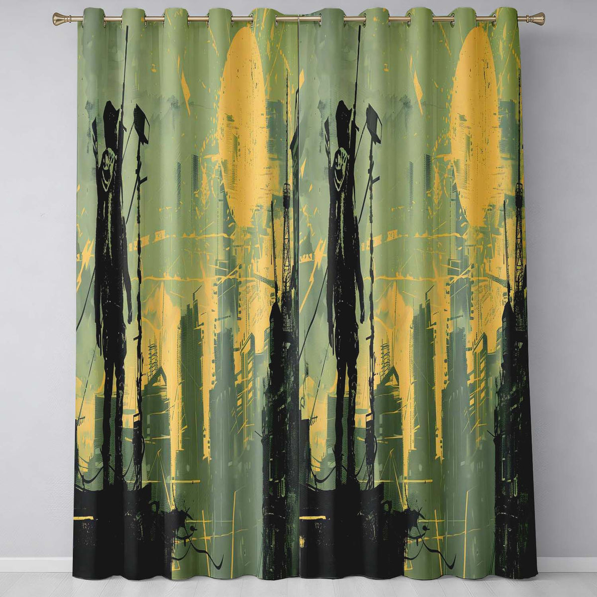 Urban Soldier Silhouette Green Yellow City Skyline Timeless Design for Home Decor Readymade Eyelet Ring Top Thermal 100% Blackout Curtains