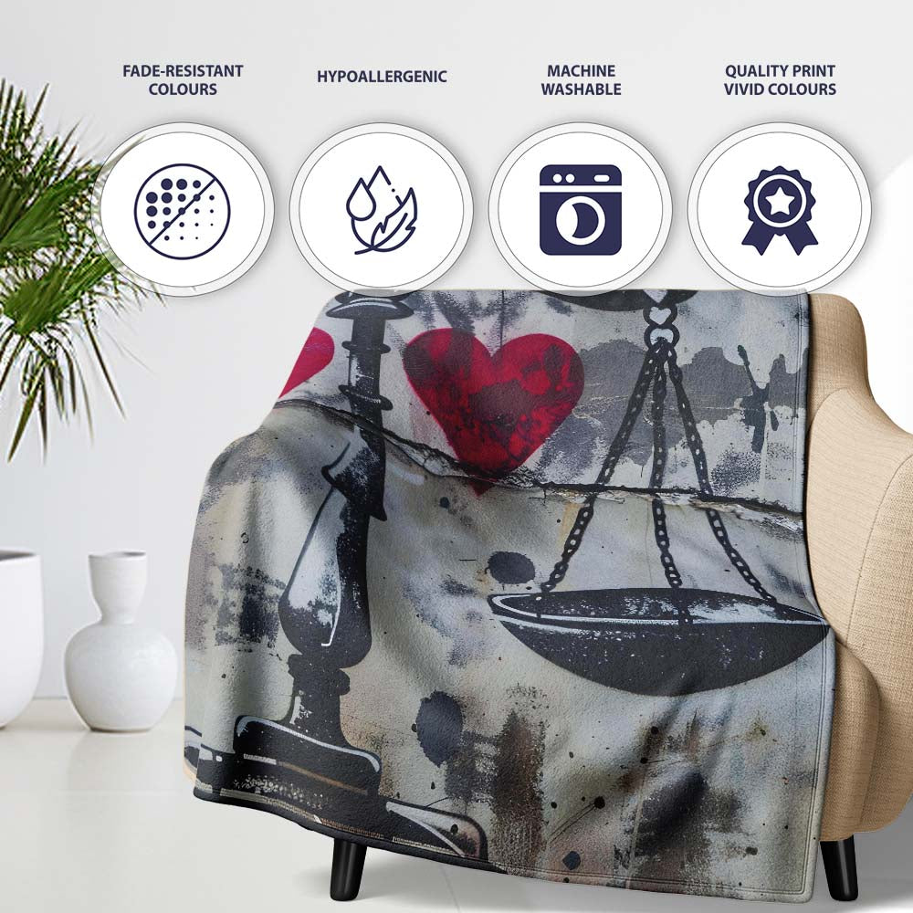 Black Scales Red Hearts Balance Graffiti Design, Bedroom Living Room Accent, All Season Comfort - Super Soft Fleece Blanket Bed Sofa Throw