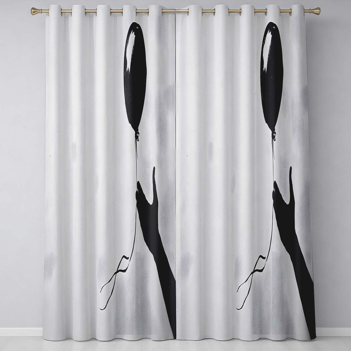 Black Balloon Hand Minimalist Monochrome Artwork Decorative Design for Home Decor Readymade Eyelet Ring Top Thermal 100% Blackout Curtains