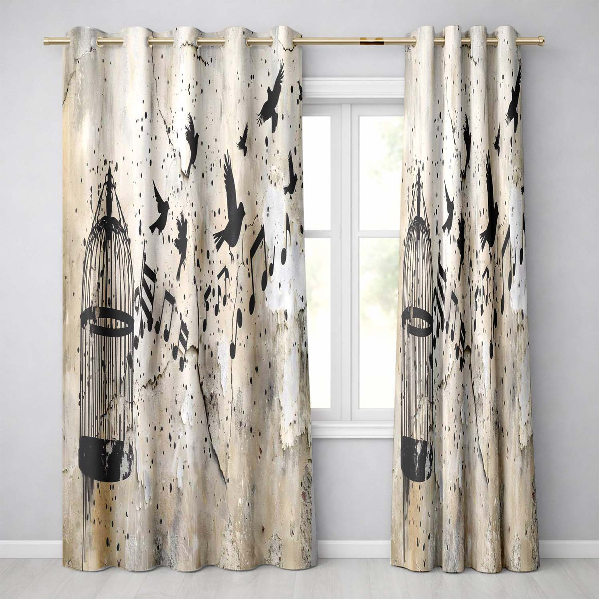 Flying Birds Music Cage Freedom Graffiti Artwork Contemporary Artistic Home Decor Readymade Eyelet Ring Top Thermal 100% Blackout Curtains