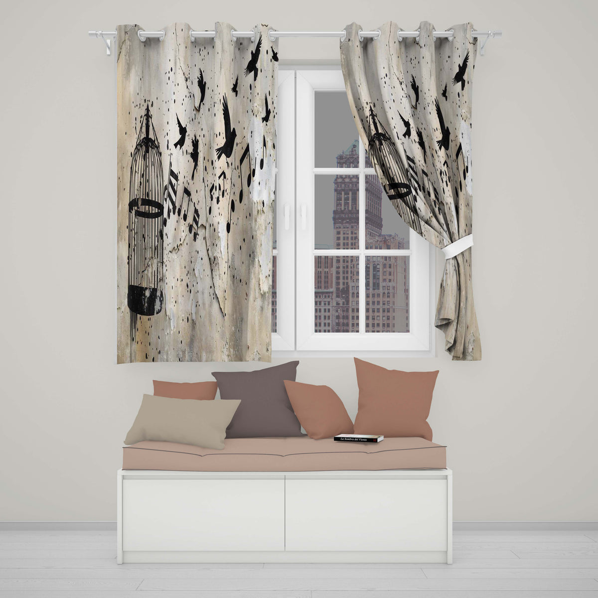 Flying Birds Music Cage Freedom Graffiti Artwork Contemporary Artistic Home Decor Readymade Eyelet Ring Top Thermal 100% Blackout Curtains