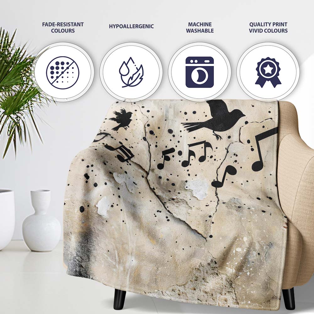 Flying Birds Music Cage Freedom Graffiti Artwork, All Season Comfort, Decorative Wall Art Style - Super Soft Fleece Blanket Bed Sofa Throw