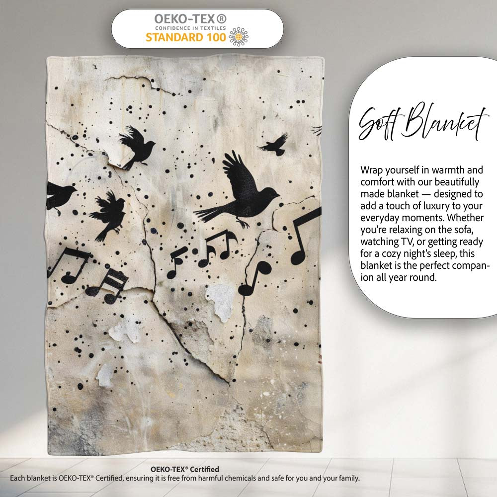Flying Birds Music Cage Freedom Graffiti Artwork, All Season Comfort, Decorative Wall Art Style - Super Soft Fleece Blanket Bed Sofa Throw