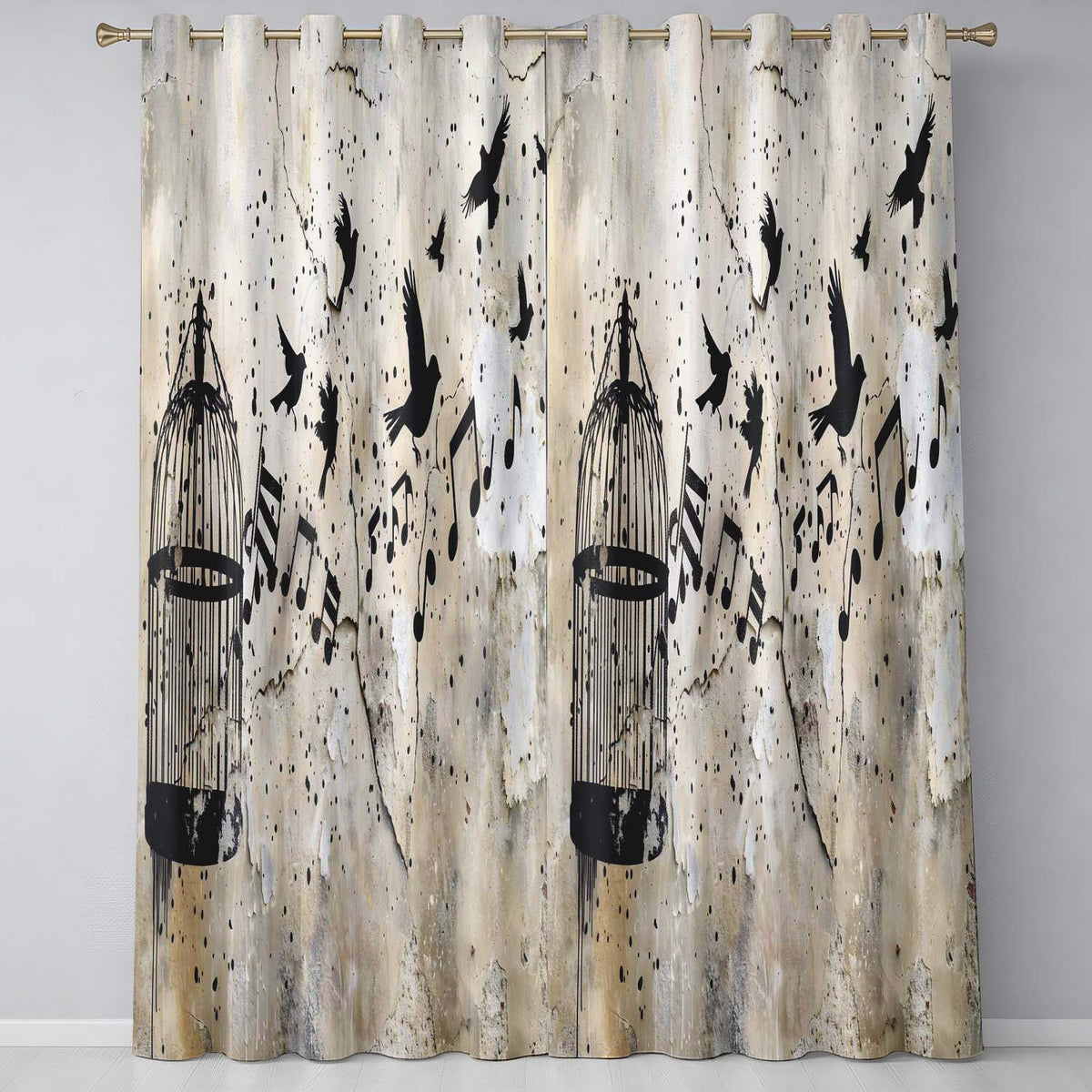Flying Birds Music Cage Freedom Graffiti Artwork Contemporary Artistic Home Decor Readymade Eyelet Ring Top Thermal 100% Blackout Curtains