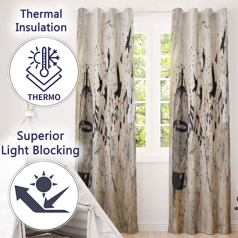 Flying Birds Music Cage Freedom Graffiti Artwork Contemporary Artistic Home Decor Readymade Eyelet Ring Top Thermal 100% Blackout Curtains