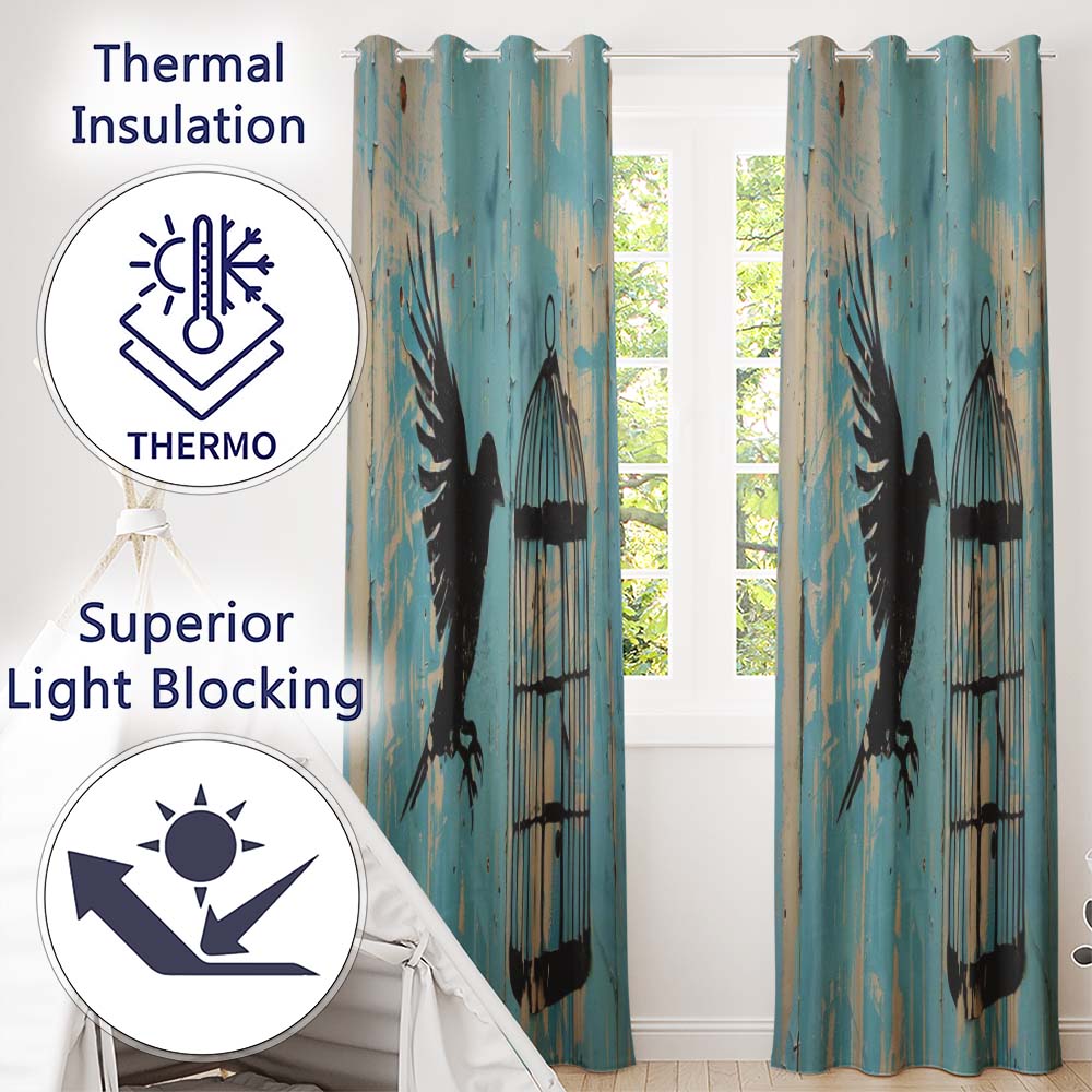 Blue Bird Escaping Open Cage Urban Stencil Art Striking Artwork for Bedroom Decor Readymade Eyelet Ring Top Thermal 100% Blackout Curtains